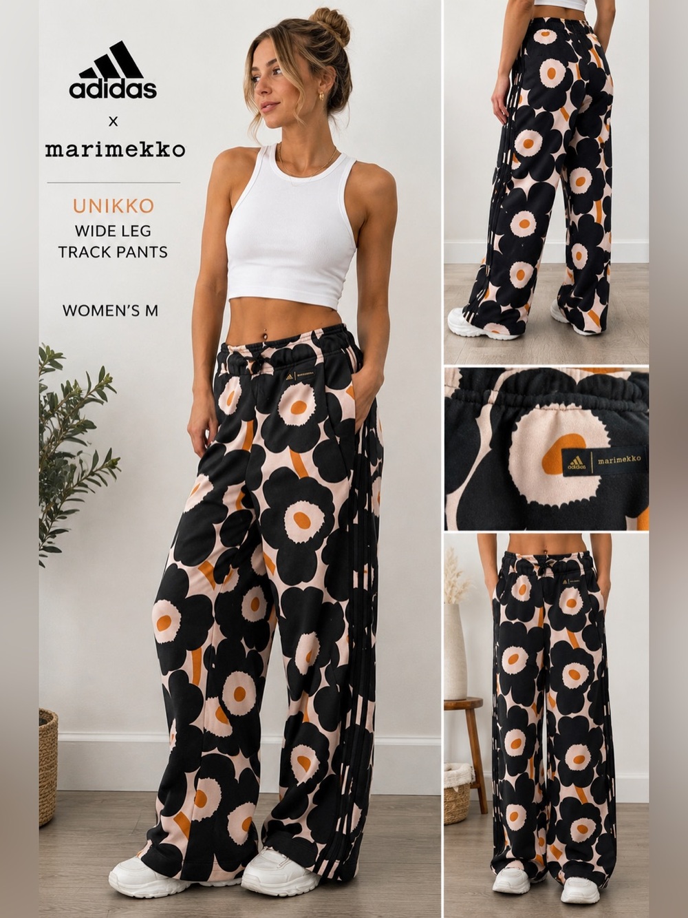 adidas x Marimekko Unikko Floral Wide Leg Track Pants Women’s M Black Pink Orang
